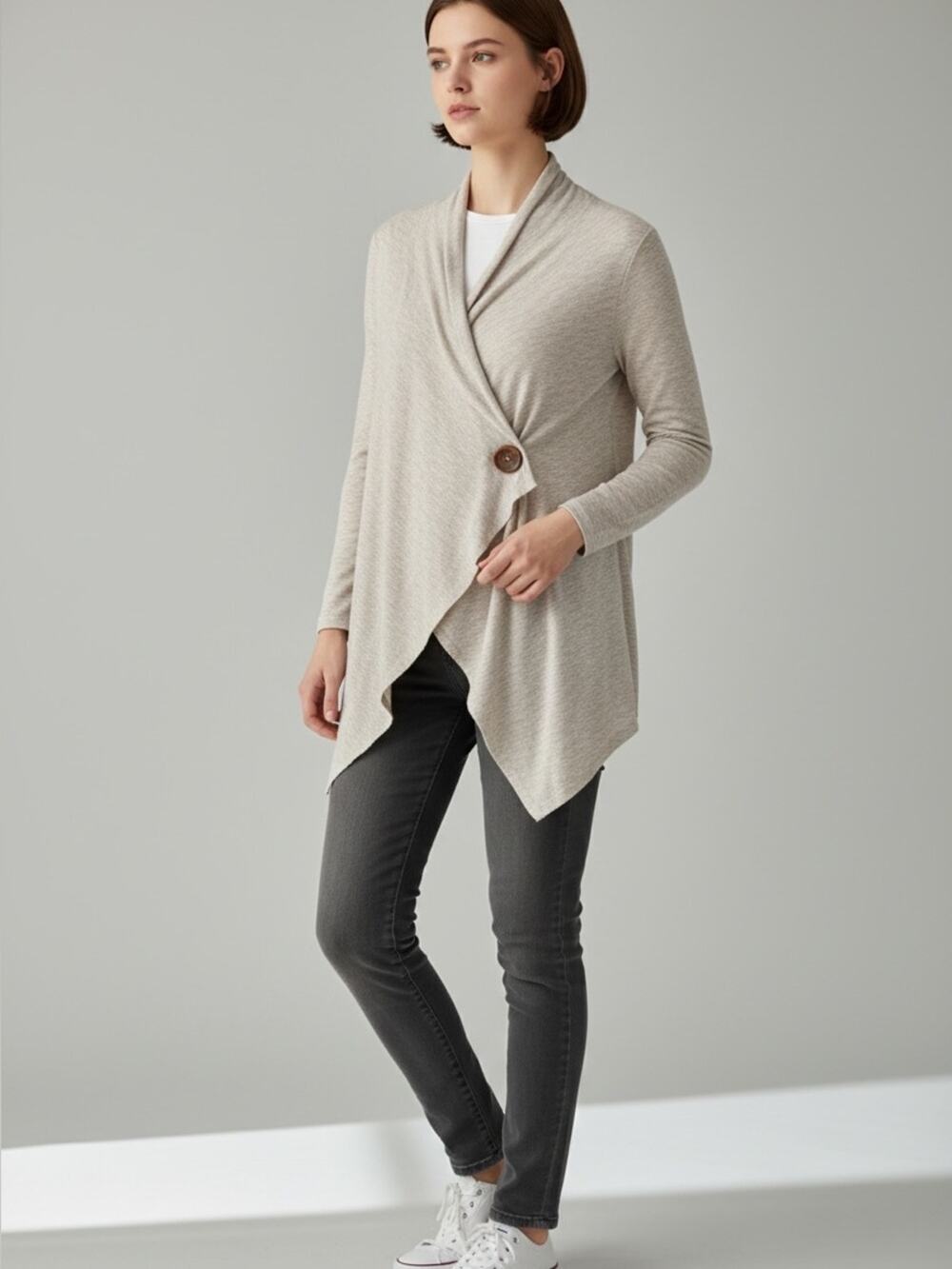 Bobeau One Button Fleece Wrap Cardigan Oatmeal Beige Asymmetrical Sweater Medium